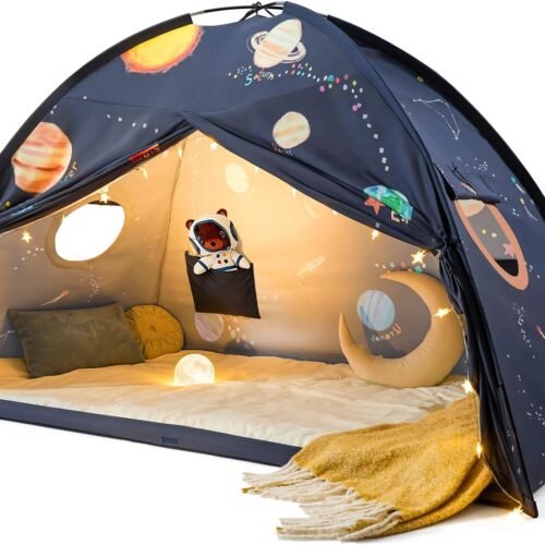 Kids Space Bed Tent with Breathable Windows and Storage Pockets