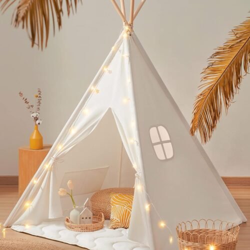 Kids Teepee Tent with 100 Percent Cotton Canvas and Fairy Lights